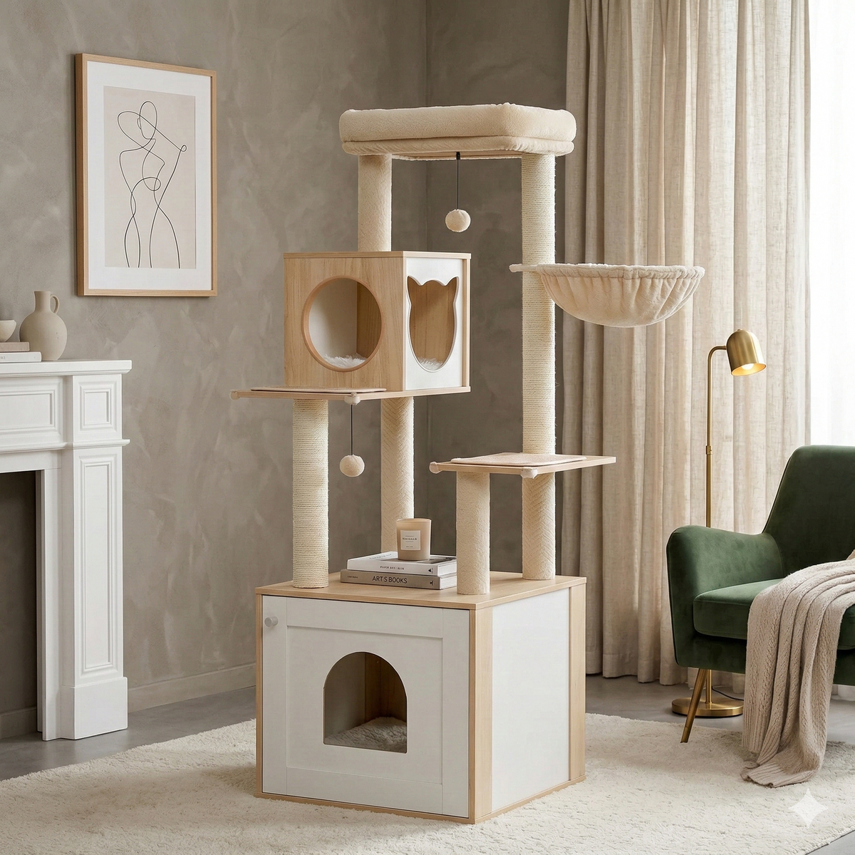 Arbre à Chat avec Maison de Toilette Intégrée Design Bois Moderne 150cm - FÉLIX
