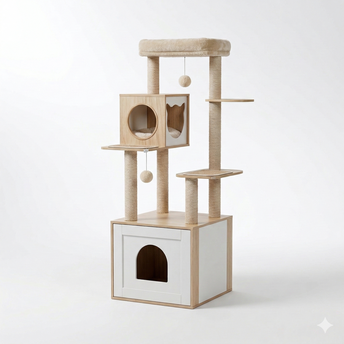 Arbre à Chat avec Maison de Toilette Intégrée Design Bois Moderne 150cm - FÉLIX