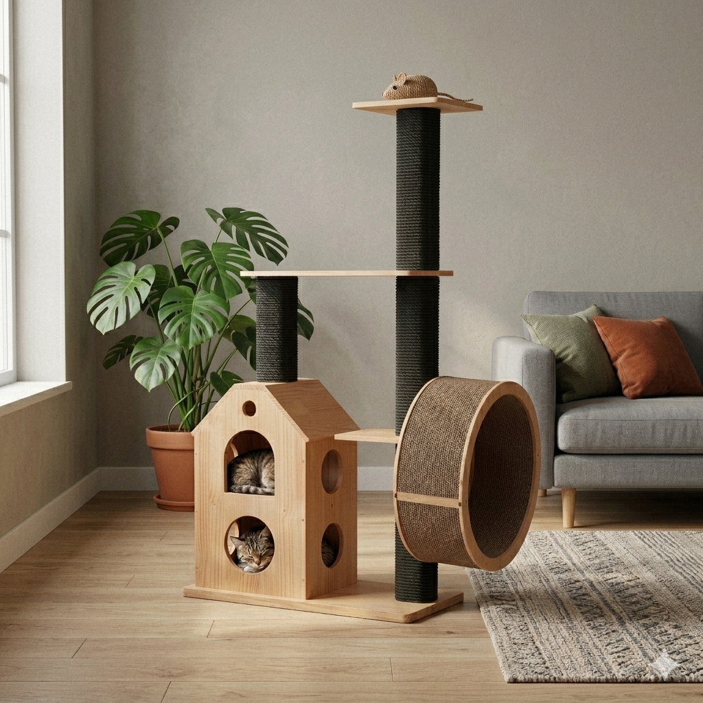 Arbre à Chat Roue Jeu Bois Massif - TIGRA