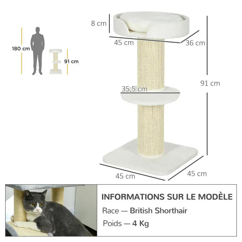 Arbre à Chat Griffoir 91 cm 2 Plateformes avec Panier Douillet - CREMA